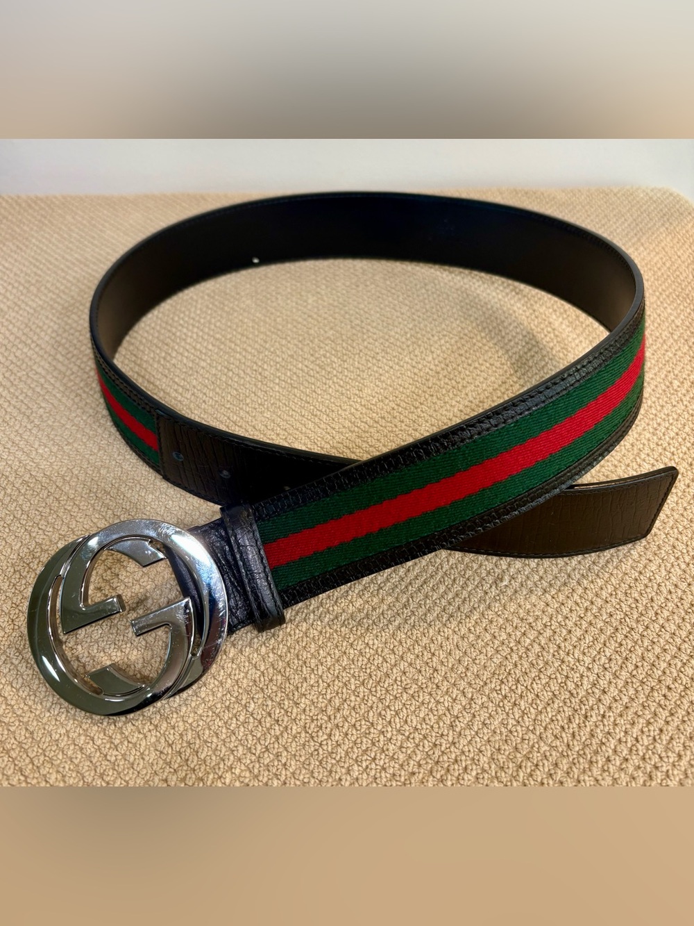 GUCCI “GG” Web Stripe Black Leather Belt-80cm